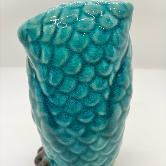 Bashful Owl 6" Glazed Ceramic Figurine Teal Blue Statue Decor Handmade Pottery - Picture 7 of 7